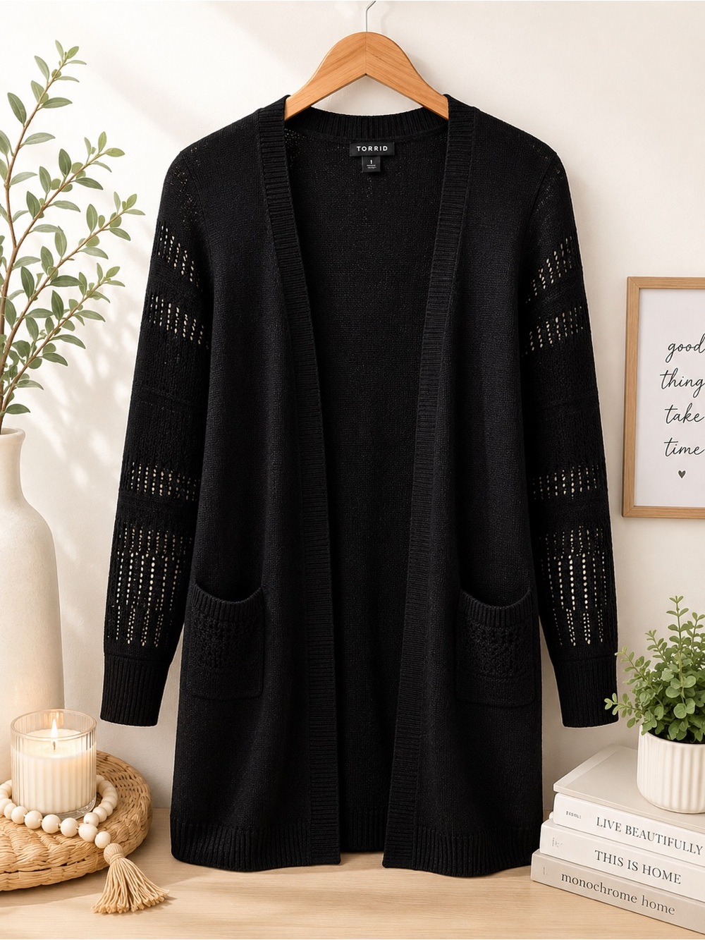 torrid Black Open-Front Knit Cardigan with Eyelet Sleeves